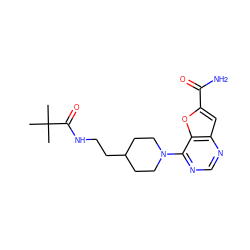 CC(C)(C)C(=O)NCCC1CCN(c2ncnc3cc(C(N)=O)oc23)CC1 ZINC000095589980