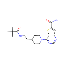 CC(C)(C)C(=O)NCCC1CCN(c2ncnc3cc(C(N)=O)sc23)CC1 ZINC000095587718