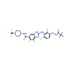 CC(C)(C)C(=O)NCc1ccc(Cl)c(Nc2nc3c(F)c(F)c(C(=O)N[C@H]4CC[C@H](C(F)(F)F)CC4)cc3[nH]2)c1Cl ZINC000261106261