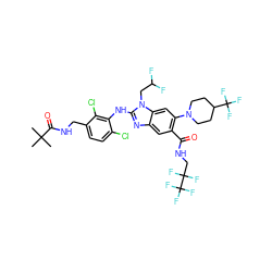 CC(C)(C)C(=O)NCc1ccc(Cl)c(Nc2nc3cc(C(=O)NCC(F)(F)C(F)(F)F)c(N4CCC(C(F)(F)F)CC4)cc3n2CC(F)F)c1Cl ZINC000169700950