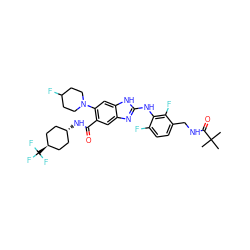 CC(C)(C)C(=O)NCc1ccc(F)c(Nc2nc3cc(C(=O)N[C@H]4CC[C@H](C(F)(F)F)CC4)c(N4CCC(F)CC4)cc3[nH]2)c1F ZINC000261150529