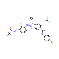 CC(C)(C)C(=O)NCc1ccc(F)c(Nc2nc3cc(C(=O)Nc4ccc(Br)cc4)c(OCC(F)F)cc3n2C2CC2)c1F ZINC000169703061