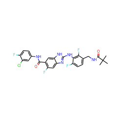 CC(C)(C)C(=O)NCc1ccc(F)c(Nc2nc3cc(F)c(C(=O)Nc4ccc(F)c(Cl)c4)cc3[nH]2)c1F ZINC000169703073