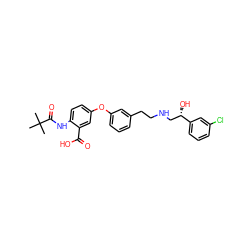 CC(C)(C)C(=O)Nc1ccc(Oc2cccc(CCNC[C@H](O)c3cccc(Cl)c3)c2)cc1C(=O)O ZINC000040950158