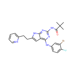 CC(C)(C)C(=O)Nc1nc(Nc2ccc(F)c(Br)c2)c2cc(CCc3ccccn3)[nH]c2n1 ZINC000095589023