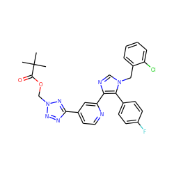 CC(C)(C)C(=O)OCn1nnc(-c2ccnc(-c3ncn(Cc4ccccc4Cl)c3-c3ccc(F)cc3)c2)n1 ZINC000225938500