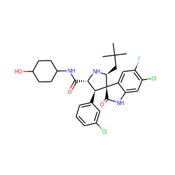 CC(C)(C)C[C@@H]1N[C@@H](C(=O)NC2CCC(O)CC2)[C@H](c2cccc(Cl)c2)[C@]12C(=O)Nc1cc(Cl)c(F)cc12 ZINC000169701411