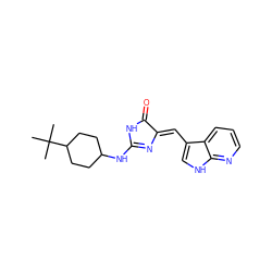 CC(C)(C)C1CCC(NC2=N/C(=C\c3c[nH]c4ncccc34)C(=O)N2)CC1 ZINC000040977448