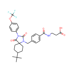 CC(C)(C)C1CCC2(CC1)C(=O)N(c1ccc(OC(F)(F)F)cc1)C(=O)N2Cc1ccc(C(=O)NCCC(=O)O)cc1 ZINC000028527922