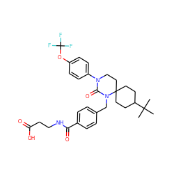 CC(C)(C)C1CCC2(CC1)CCN(c1ccc(OC(F)(F)F)cc1)C(=O)N2Cc1ccc(C(=O)NCCC(=O)O)cc1 ZINC000028527768