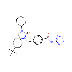 CC(C)(C)C1CCC2(CC1)CN(C1CCCCC1)C(=O)N2Cc1ccc(C(=O)Nc2nnn[nH]2)cc1 ZINC000028524926