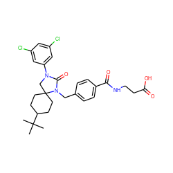 CC(C)(C)C1CCC2(CC1)CN(c1cc(Cl)cc(Cl)c1)C(=O)N2Cc1ccc(C(=O)NCCC(=O)O)cc1 ZINC000028528553