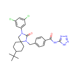 CC(C)(C)C1CCC2(CC1)CN(c1cc(Cl)cc(Cl)c1)C(=O)N2Cc1ccc(C(=O)Nc2nnn[nH]2)cc1 ZINC000028528550