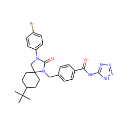 CC(C)(C)C1CCC2(CC1)CN(c1ccc(Br)cc1)C(=O)N2Cc1ccc(C(=O)Nc2nnn[nH]2)cc1 ZINC000028528299