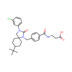 CC(C)(C)C1CCC2(CC1)CN(c1cccc(Cl)c1)C(=O)N2Cc1ccc(C(=O)NCCC(=O)O)cc1 ZINC000028528224