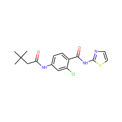 CC(C)(C)CC(=O)Nc1ccc(C(=O)Nc2nccs2)c(Cl)c1 ZINC000066077325