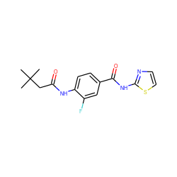 CC(C)(C)CC(=O)Nc1ccc(C(=O)Nc2nccs2)cc1F ZINC000066066266