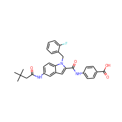 CC(C)(C)CC(=O)Nc1ccc2c(c1)cc(C(=O)Nc1ccc(C(=O)O)cc1)n2Cc1ccccc1F ZINC000028526537