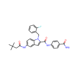 CC(C)(C)CC(=O)Nc1ccc2c(c1)cc(C(=O)Nc1ccc(C(N)=O)cc1)n2Cc1ccccc1F ZINC000028526480