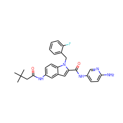 CC(C)(C)CC(=O)Nc1ccc2c(c1)cc(C(=O)Nc1ccc(N)nc1)n2Cc1ccccc1F ZINC000028525353