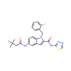 CC(C)(C)CC(=O)Nc1ccc2c(c1)cc(C(=O)Nc1nncs1)n2Cc1ccccc1F ZINC000028525679