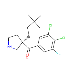 CC(C)(C)CC[C@@]1(C(=O)c2cc(F)c(Cl)c(Cl)c2)CCNC1 ZINC000058581028