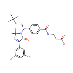 CC(C)(C)CC[C@H](c1ccc(C(=O)NCCC(=O)O)cc1)N1C(=O)C(c2cc(Cl)cc(Cl)c2)=NC1(C)C ZINC000169700283