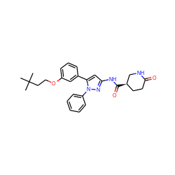 CC(C)(C)CCOc1cccc(-c2cc(NC(=O)[C@@H]3CCC(=O)NC3)nn2-c2ccccc2)c1 ZINC000169707265