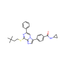 CC(C)(C)CCSc1nc(-c2ccccc2)cn2c(-c3ccc(C(=O)NC4CC4)cc3)cnc12 ZINC000118746712