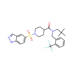 CC(C)(C)CN(Cc1ccccc1C(F)(F)F)C(=O)C1CCN(S(=O)(=O)c2ccc3[nH]ncc3c2)CC1 ZINC000299832317