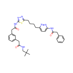 CC(C)(C)CNC(=O)Cc1cccc(CC(=O)Nc2nnc(CCCCc3ccc(NC(=O)Cc4ccccc4)nn3)s2)c1 ZINC000169698385