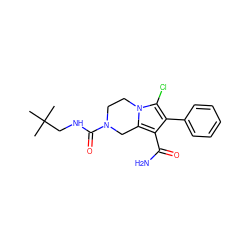 CC(C)(C)CNC(=O)N1CCn2c(Cl)c(-c3ccccc3)c(C(N)=O)c2C1 ZINC000223379571