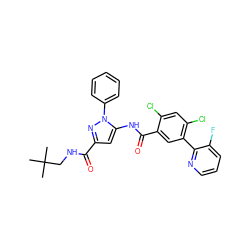 CC(C)(C)CNC(=O)c1cc(NC(=O)c2cc(-c3ncccc3F)c(Cl)cc2Cl)n(-c2ccccc2)n1 ZINC001772573138