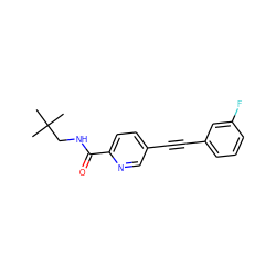 CC(C)(C)CNC(=O)c1ccc(C#Cc2cccc(F)c2)cn1 ZINC000096933555