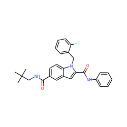 CC(C)(C)CNC(=O)c1ccc2c(c1)cc(C(=O)Nc1ccccc1)n2Cc1ccccc1F ZINC000028526435