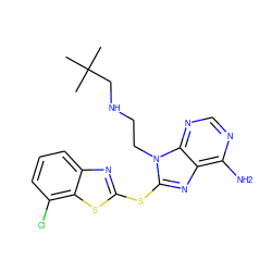 CC(C)(C)CNCCn1c(Sc2nc3cccc(Cl)c3s2)nc2c(N)ncnc21 ZINC000014974520