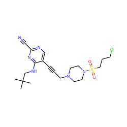 CC(C)(C)CNc1nc(C#N)ncc1C#CCN1CCN(S(=O)(=O)CCCCl)CC1 ZINC000029051027