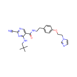 CC(C)(C)CNc1nc(C#N)ncc1C(=O)NCCc1ccc(OCCn2ccnc2)cc1 ZINC000014972110