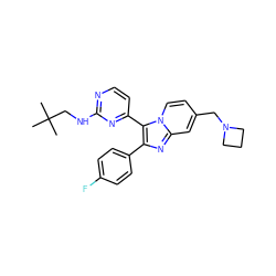 CC(C)(C)CNc1nccc(-c2c(-c3ccc(F)cc3)nc3cc(CN4CCC4)ccn23)n1 ZINC000028822170