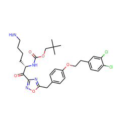 CC(C)(C)COC(=O)N[C@@H](CCCCN)C(=O)c1noc(Cc2ccc(OCCc3ccc(Cl)c(Cl)c3)cc2)n1 ZINC000042923609