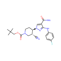 CC(C)(C)COC(=O)N1CC[C@@H](n2cc(C(N)=O)c(Nc3ccc(F)cc3)n2)[C@H](C#N)C1 ZINC000220707087