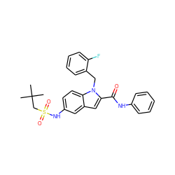 CC(C)(C)CS(=O)(=O)Nc1ccc2c(c1)cc(C(=O)Nc1ccccc1)n2Cc1ccccc1F ZINC000028524630