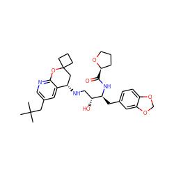 CC(C)(C)Cc1cnc2c(c1)[C@@H](NC[C@@H](O)[C@H](Cc1ccc3c(c1)OCO3)NC(=O)[C@@H]1CCCO1)CC1(CCC1)O2 ZINC000095577035