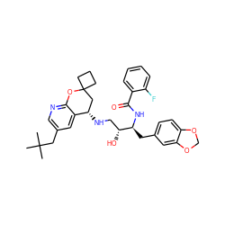 CC(C)(C)Cc1cnc2c(c1)[C@@H](NC[C@@H](O)[C@H](Cc1ccc3c(c1)OCO3)NC(=O)c1ccccc1F)CC1(CCC1)O2 ZINC000095573895