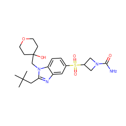 CC(C)(C)Cc1nc2cc(S(=O)(=O)C3CN(C(N)=O)C3)ccc2n1CC1(O)CCOCC1 ZINC000299836284