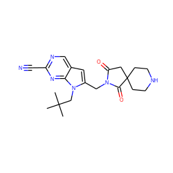 CC(C)(C)Cn1c(CN2C(=O)CC3(CCNCC3)C2=O)cc2cnc(C#N)nc21 ZINC000028958262