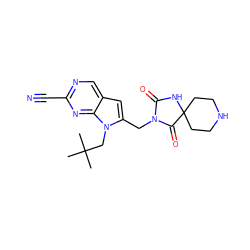 CC(C)(C)Cn1c(CN2C(=O)NC3(CCNCC3)C2=O)cc2cnc(C#N)nc21 ZINC000040422037