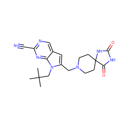 CC(C)(C)Cn1c(CN2CCC3(CC2)NC(=O)NC3=O)cc2cnc(C#N)nc21 ZINC000040422874