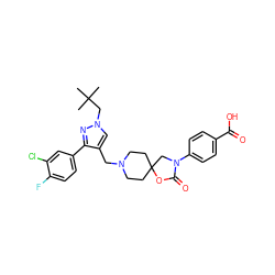 CC(C)(C)Cn1cc(CN2CCC3(CC2)CN(c2ccc(C(=O)O)cc2)C(=O)O3)c(-c2ccc(F)c(Cl)c2)n1 ZINC000144544890