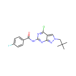 CC(C)(C)Cn1cc2c(Cl)nc(NC(=O)c3ccc(F)cc3)nc2n1 ZINC000103263538